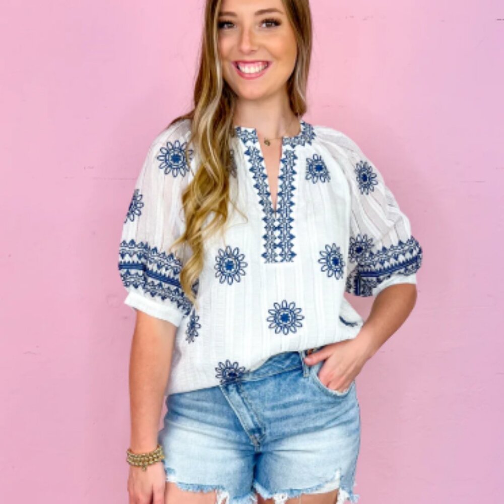 THML Puff Sleeve Top with Embroidery M